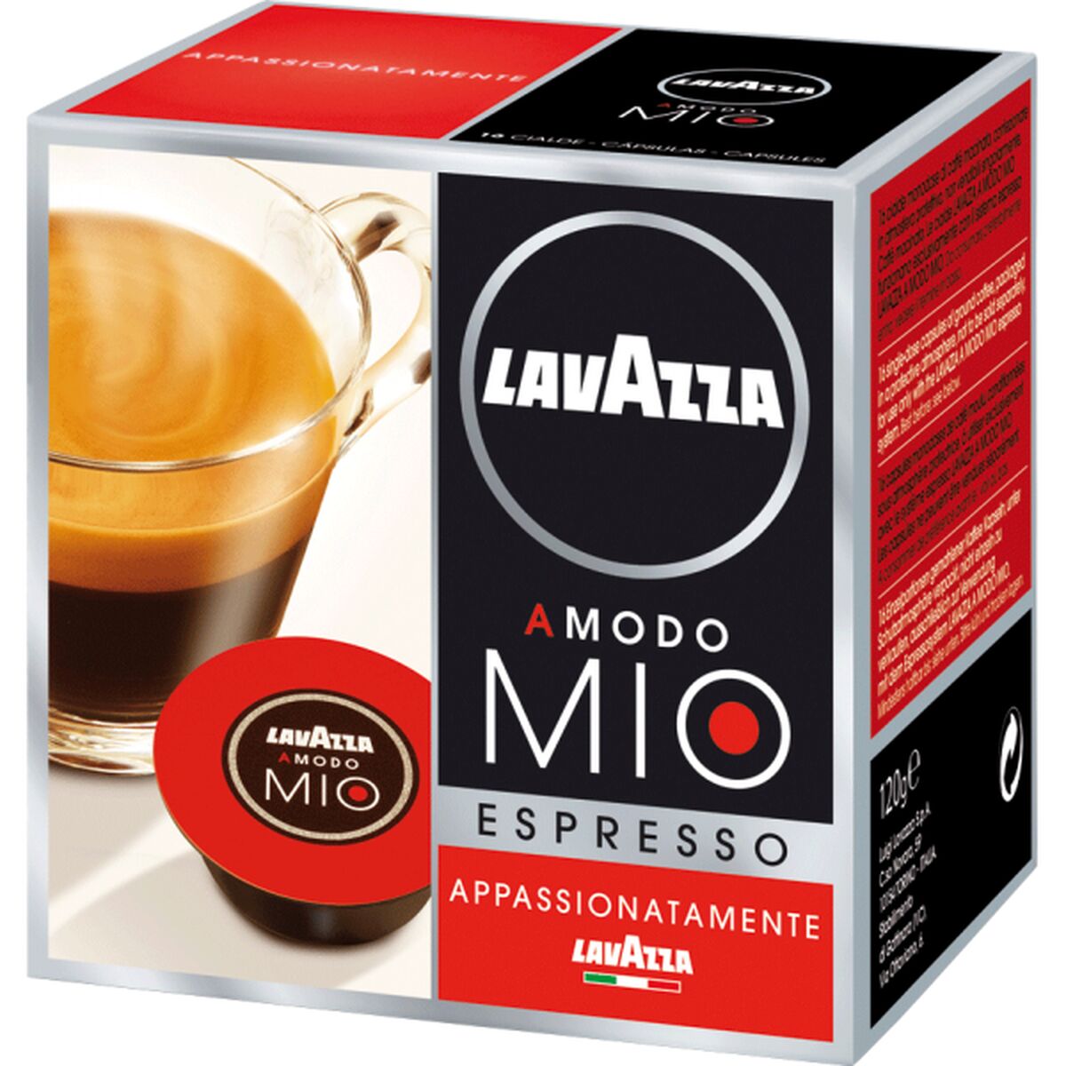 Pakkaus missä on lavazza espresso modo mio kahvikapseleita
